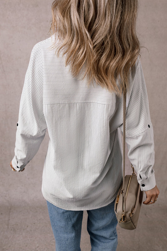 DEAR-LOVER Stripe Roll-tab Sleeve Pocketed Long Shirt