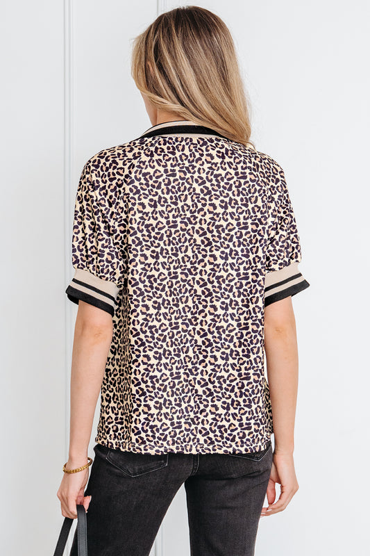 Brown Leopard Print Half Zip Striped Trim Patchwork Short Sleeve Top