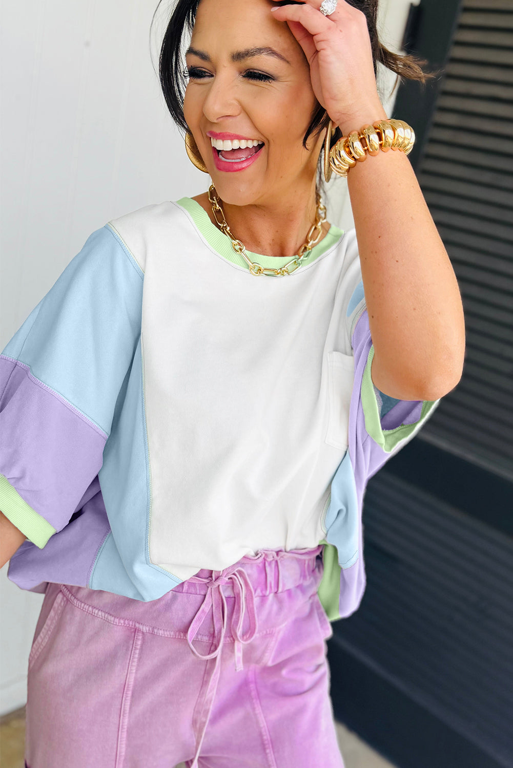 White Color Block Patchwork Half Sleeve Oversized T Shirt