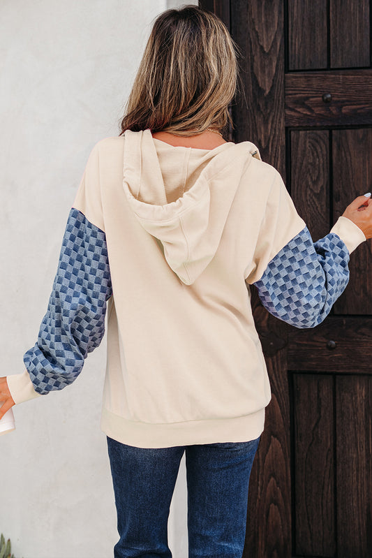 Parchment Checkered Patchwork Kangaroo Pocket Half Zipper Hoodie